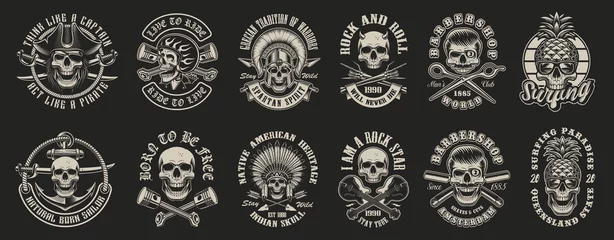 Foto op Plexiglas Set of vector illustrations of skulls on the themes: biker, pirate, warrior, barbershop, rock roll, surfing. Perfect for Tshirt design and many other uses © Natalia