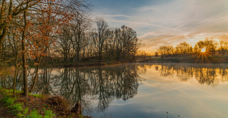 Nature pools near Budweis city in sunrise color spring morning