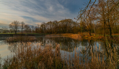 Nature pools near Budweis city in sunrise color spring morning