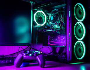 Game controller and pc rgb case on a wooden desk © Gabriele Maltinti