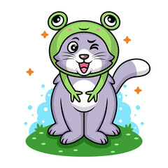 Cat with Frog Costume Cartoon. Animal Vector Icon Illustration, Isolated on Premium Vector