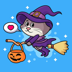 Cat With Witch Costume Cartoon. Animal Vector Icon Illustration, Isolated on Premium Vector