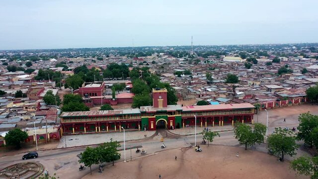 Ascending aerial view of the Emir Palace in the Katsina State of Northern Nigeria