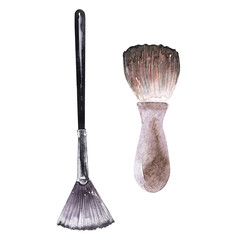 A set of watercolor illustrations with various women's accessories, shoes and bags