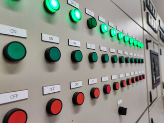 Selective focus push button switch, pilot lamp, pilot light control system electrical in power room. System electricity. Industrial factory electrical city  © Яe Life Яe World
