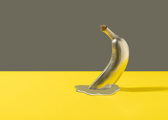 Minimal retro futurism background with halved banana and silver liquid against gray and yellow.