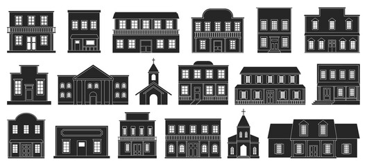 Wild west buildings vector illustration on white background. Vector black set icon church western. Isolated black set icon wild west buildings .