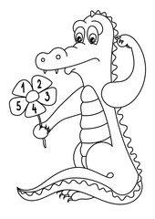 Coloring book for preschoolers. Child character crocodile counts the petals of a flower. Help the crocodile count. Problem for the little ones.