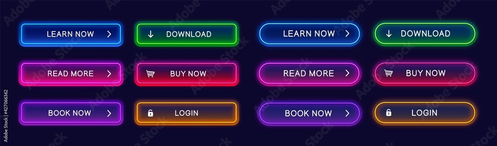 Poster Trendy, glow, neon buttons for web design, apps, ui. Abstract, vector, neon buttons isolated on dark background. Ready web concept element for website.