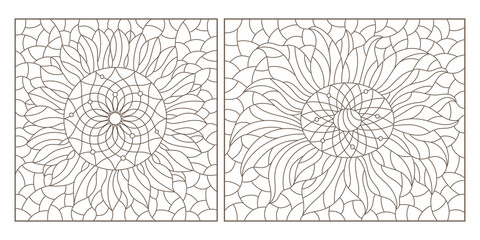 Set of contour illustrations in stained glass style with sunflower flowers, dark outlines on a white background, rectangular images