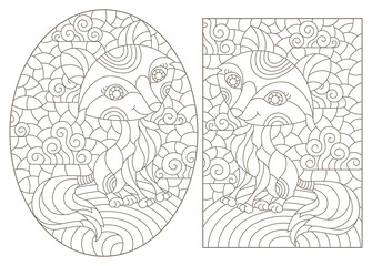 Set of contour illustrations in the style of stained glass with cute cartoon foxes, dark outlines on a white background