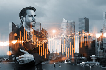 Prosperous Caucasian trader in suit in crossed arms pose dreaming about positive behavior of stock market. Trading at corporate finance fund. Forex chart. Singapore. Double exposure.