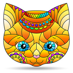 Illustration in stained glass style with a portrait of a red cat, the animal is isolated on a white background