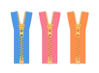 A set of metal zippers for clothes of different colors. Blue, pink, orange on a white background. Women's zippers. Vector flat illustration