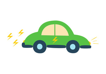 Vector illustration, green car running on electricity, electric car, isolated element on a white background. Protection of the environment and ecology