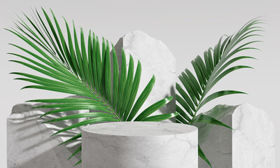 Product display podium with nature leaves on white background. 3D rendering	 - obrazy, fototapety, plakaty