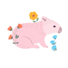 Pink wombat with flowers cartoon vector illustration. Australian cute marsupial animal icon isolated on white background. Aussie nature bear. Funny kids icon. Nursery art print
