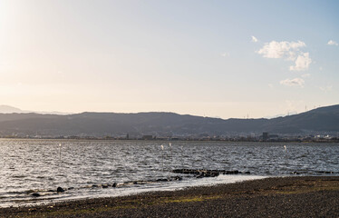 諏訪湖の夕方　上諏訪から岡谷方面