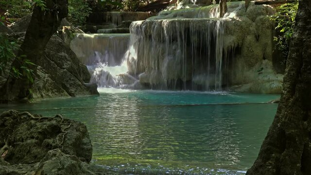One of the waterfalls of the Erawan cascade in Kanchanaburi province, Thailand, 4k