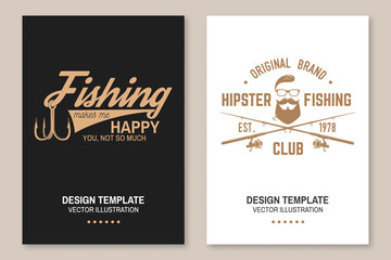 Fototapeta na wymiar Fishing makes me happy you, not so much. Vector. Flyer, brochure, banner, poster design with fish hook and fish rod silhouette. Outdoor adventure fishing club emblem