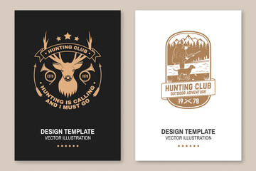 Set of Hunting club badge. Vector. Flyer, brochure, banner, poster design with deer and hunting horn, hunter, dog, hunting gun, mountains and forest. Outdoor adventure hunt club emblem