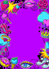 Frame with fashion girlish patches. Colorful cute teenage illustration.