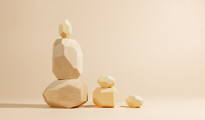 Composition of geometric balancing wooden stones. Concept of balance. Pastel background with copy space.