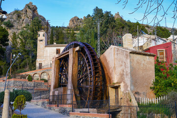 Ancient arabic mill, water noria at Abaran village in Murcia region Spain Europe - obrazy, fototapety, plakaty