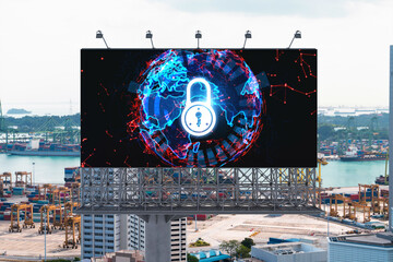 Padlock icon hologram on road billboard over panorama city view of Singapore at day time to protect business, Southeast Asia. The concept of information security shields.