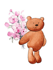 Watercolor illustration of a cute bear with a bouquet pink peonies