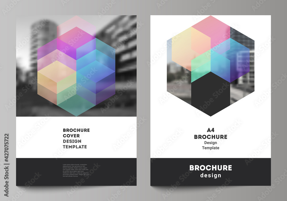 Sticker vector layout of a4 format cover mockups design templates with colorful hexagons, geometric shapes, 