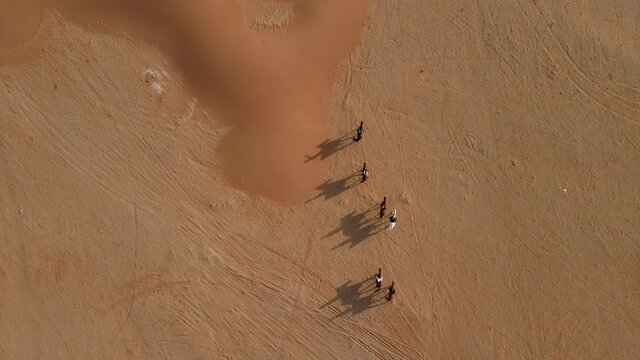 UAE: Aerial view of a group of tourist riding on Arabian horses walking in the desert of Mleiha, United Arab Emirates. 4K Footage