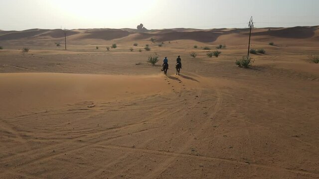 Drone follow the riders on Arabian horses in the desert of Mleiha, United Arab Emirates. 4K Footage