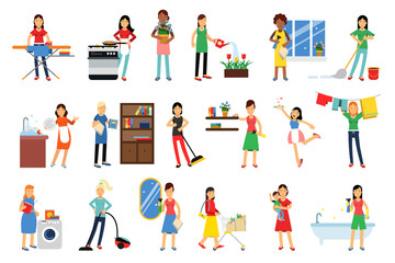 Fototapeta na wymiar Energetic Housewife Cooking, Doing Shopping and Cleaning House Vector Illustration Set