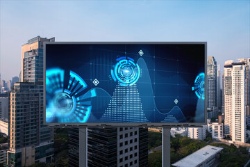 Glowing hologram of technological process on billboard, aerial panoramic cityscape of Bangkok at...