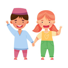 Cheerful Boy and Girl of Diverse Nationality Holding Hands and Smiling Vector Illustration