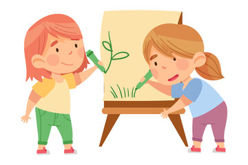 Little Girls Drawing with Felt Pens on Drawing Easel in Kindergarden Vector Illustration