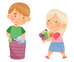 Little Boy and Girl Gathering Toys in Basket in Kindergarden Vector Illustration