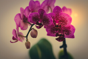 Fototapeta premium Fuchsiaorchid flower bloom close up. Indoor floral decor. Home design and decorating with flowers