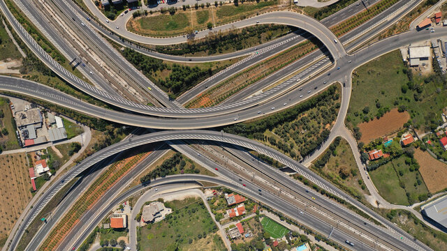 Aerial drone photo of multilevel highway junction toll road of Attiki Odos connecting Attica to Athens International Airport of Eleftherios Venizelos, Attica, Greece