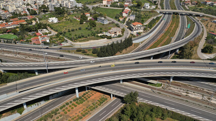 Aerial drone photo of multilevel highway junction toll road of Attiki Odos connecting Attica to Athens International Airport of Eleftherios Venizelos, Attica, Greece