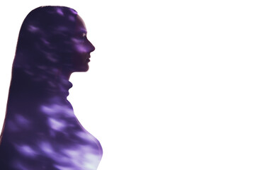 Double exposure silhouette. Spiritual energy. Enlightenment aura. Blur neon purple light fleck in...