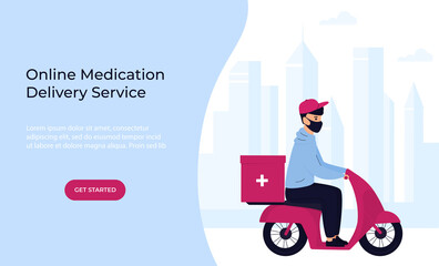 COVID-19. Quarantine. Coronavirus epidemic. Delivery man in a protective mask delivers medicine by motorbike. Free medicament shipping. Web page template
