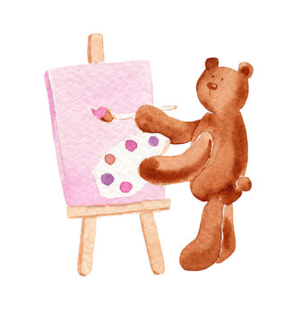 Watercolor illustration of cute bear painter with a palette of paints with Malbert brushes