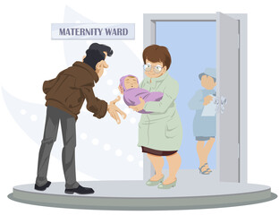 Man in maternity ward. Healthcare and Medicine. Illustration for internet and mobile website.