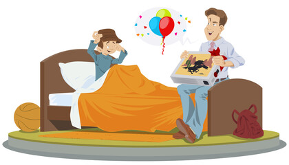 Father with gift. Little boy woke up in morning. Illustration for internet and mobile website.