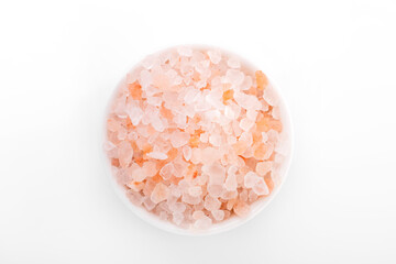 Himalayan salt, pink himalayan salt. himalayan salt in white bowl,  on white background