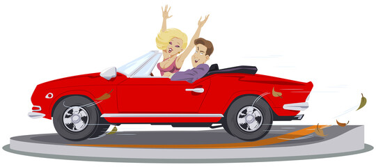 Happy young couple in cabriolet. Illustration for internet and mobile website. - obrazy, fototapety, plakaty