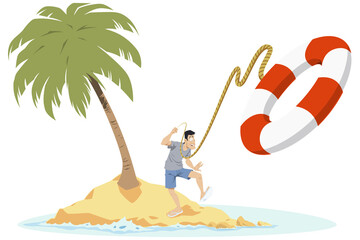 Lifeguard on beach. Man throws lifebuoy. Illustration for internet and mobile website.