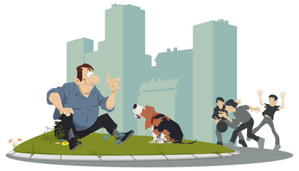 Man walks in park with dog. People and animal. Illustration for internet and mobile website.